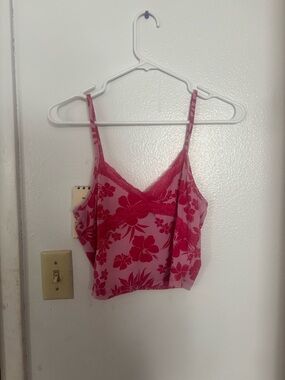 Just Polly Women’s Size Medium Pink Floral Lace-Trim Cropped Cami Tank Top